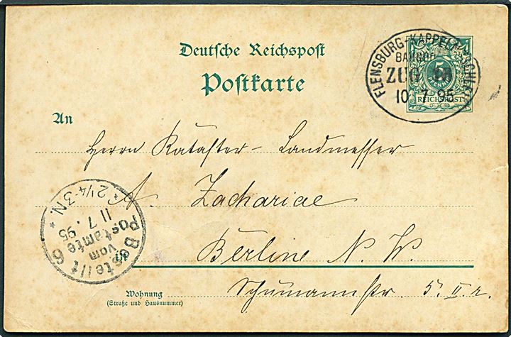 5 pfg. helsagsbrevkort annulleret med bureaustempel Flensburg - Kappeln (Schlei) Bahnpost Zug 16 d. 10.7.1895 til Berlin.