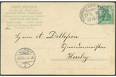 5 pfg. Germania på julekort annulleret med bureaustempel Flensburg - Kappeln (Schlei) Bahnpost Zug 6 d. 23.12.1902 til Husby.