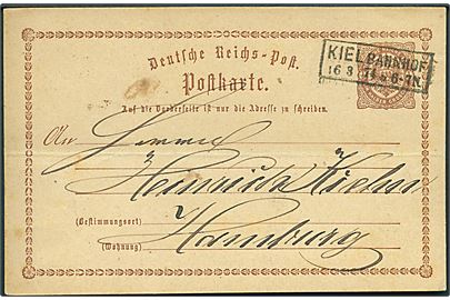 ½ gr. helsagsbrevkort annulleret med rammestempel Kiel Bahnhof d. 16.3.1874 til Hamburg. Vandret fold.