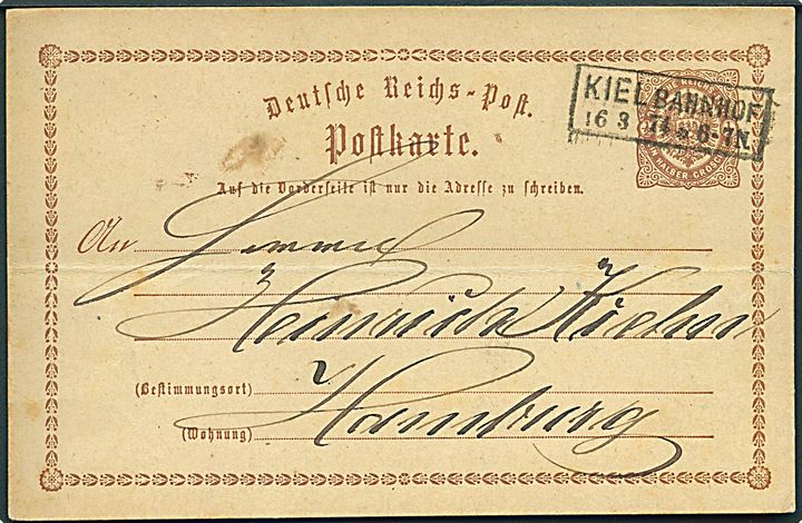 ½ gr. helsagsbrevkort annulleret med rammestempel Kiel Bahnhof d. 16.3.1874 til Hamburg. Vandret fold.