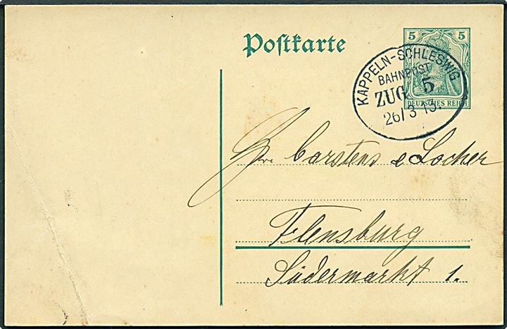 5 pfg. Germania helsagsbrevkort fra Taarstadt annulleret med bureaustempel Kappeln - Schleswig Bahnpost Zug 5 d. 26.3.1913 til Flensburg. Fold.