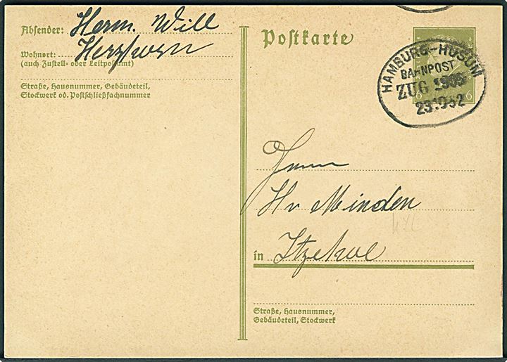 6 pfg. Ebert helsagsbrevkort annulleret med bureaustempel Hamburg - Husum Bahnpost Zug 9995 d. 23.10.1932 til Itzehoe.