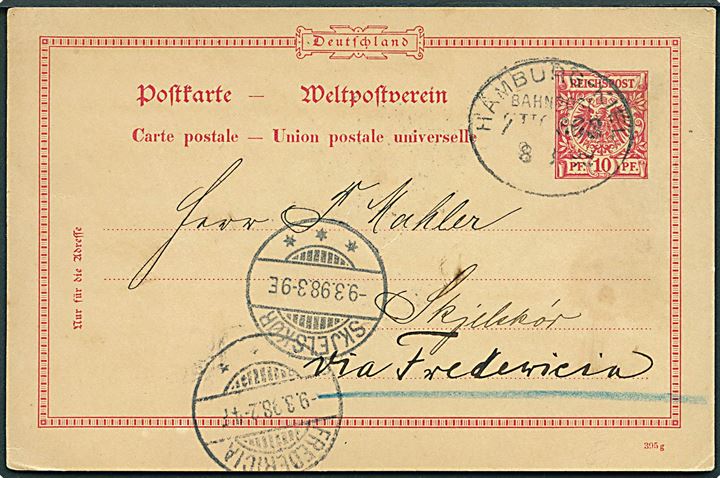 10 pfg. helsagsbrevkort fra Kiel annulleret med bureaustempel Hamburg - Kiel Bahnpost Zug 663 d. 8.3.1898 via Fredericia til Skjelskør, Danmark. Påskrevet: Via Fredericia.