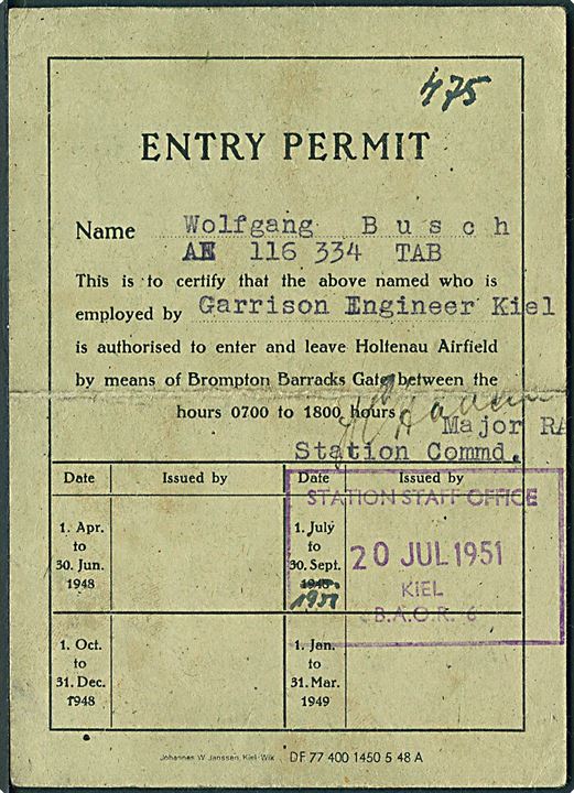 Entry Permit (Adgangskort) til Holtenau Airfield stemplet Station Staff Office Kiel BAOR 6 d. 20.7.1950.