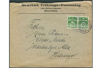 10 øre Bølgelinie i parstykke på brev fra Skærbæk annulleret med bureaustempel Bramminge - Tønder sn3 T.1063 d. 23.7.1923 til Helsingør.