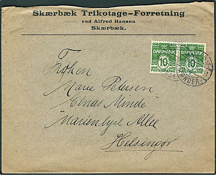 10 øre Bølgelinie i parstykke på brev fra Skærbæk annulleret med bureaustempel Bramminge - Tønder sn3 T.1063 d. 23.7.1923 til Helsingør.