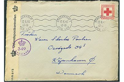 20 öre Røde Kors på brev fra Stockholm d. 17.6.1945 til København, Danmark. Dansk efterkrigscensur (krone)/349/Danmark.