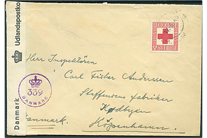 20 öre Røde Kors på brev fra Stockholm d. 17.9.1945 til København, Danmark. Dansk efterkrigscensur (krone)/339/Danmark.