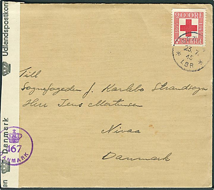 20 öre Røde Kors på brev fra Gränna d. 23.7.1945 til Nivaa, Danmark. Dansk efterkrigscensur (krone)/467/Danmark.