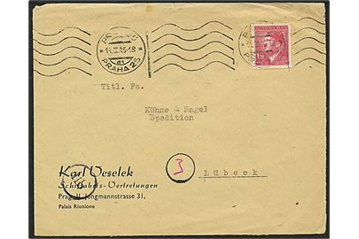 1,20 K. Hitler Böhmen-Mähren udg. på brev fra Prag d. 14.3.1945 til Lübeck, Tyskland. Rundt postleitzahle stempel 11b. God sen anvendelse.