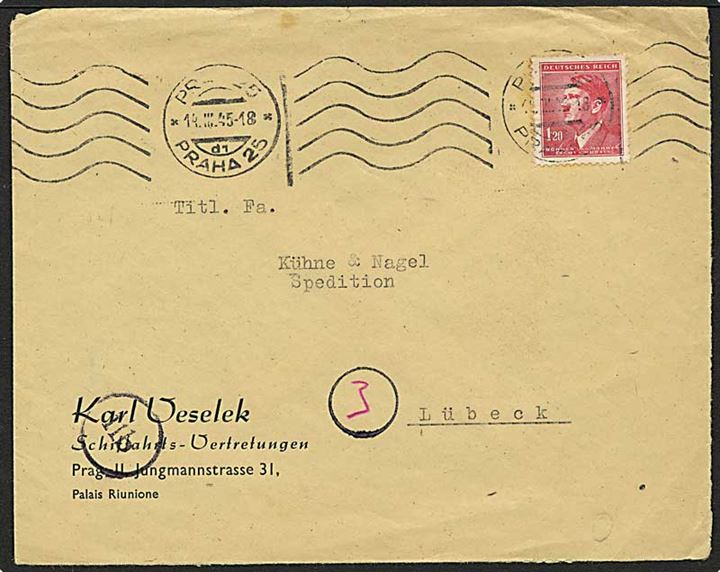 1,20 K. Hitler Böhmen-Mähren udg. på brev fra Prag d. 14.3.1945 til Lübeck, Tyskland. Rundt postleitzahle stempel 11b. God sen anvendelse.