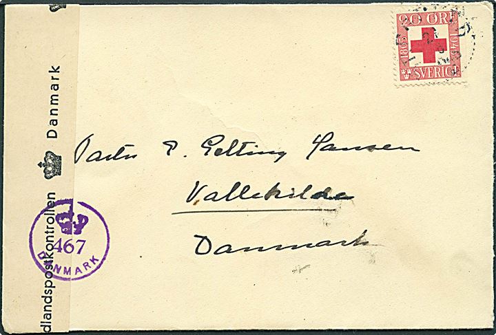 20 öre Rode Kors på brev med svagt stempel d. 21.6.1945 til Vallekilde, Danmark. Dansk efterkrigscensur (krone)/467/Danmark.