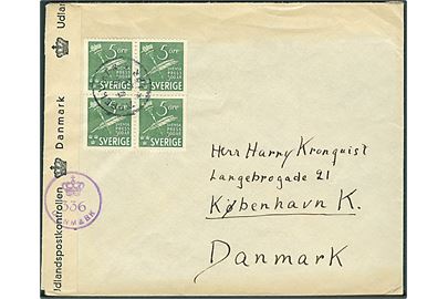 5 öre Svensk Presse i fireblok på brev fra Äppelviken d. 5.8.1945 til København, Danmark. Dansk efterkrigscensur (krone)/336/Danmark.