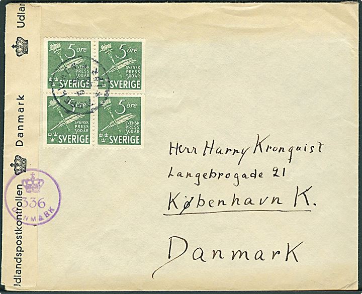 5 öre Svensk Presse i fireblok på brev fra Äppelviken d. 5.8.1945 til København, Danmark. Dansk efterkrigscensur (krone)/336/Danmark.