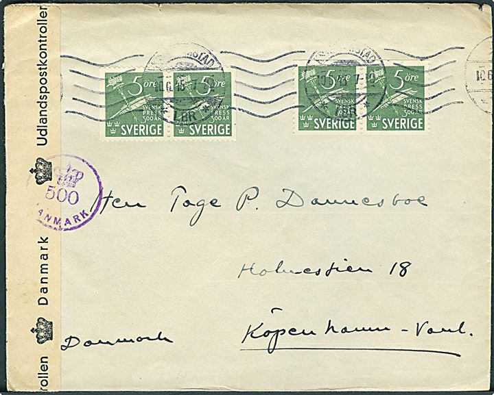 5 öre Svensk Presse i 2 parstykker på brev fra Kristanstad d. 10.6.1945 til København, Danmark. Dansk efterkrigscensur (krone)/500/Danmark.