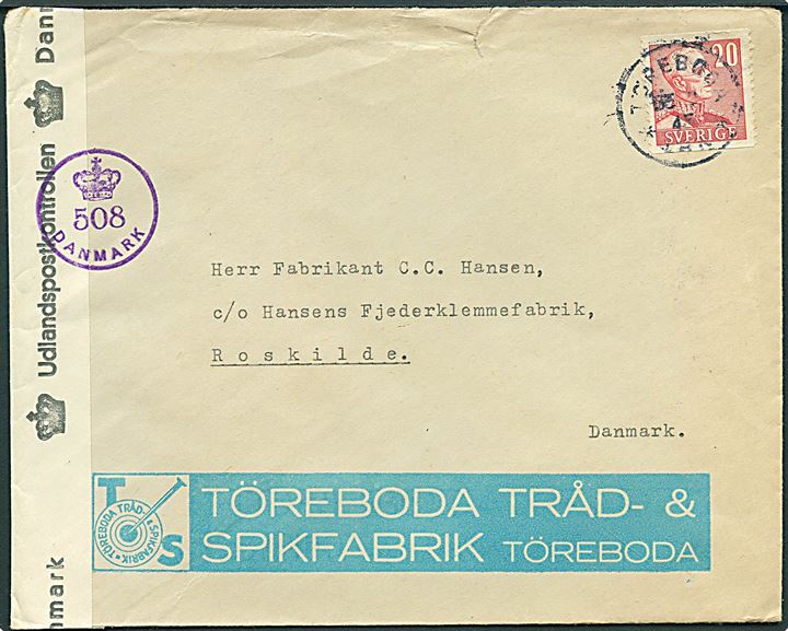 20 öre Gustaf på brev fra Töreboda d. 5.9.1945 til Roskilde, Danmark. Dansk efterkrigscensur (krone)/508/Danmark.