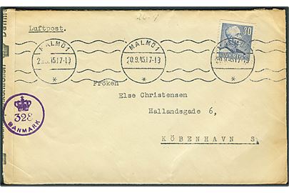 30 öre Gustaf på luftpostbrev fra Malmö d. 20.9.1945 til København, Danmark. Dansk efterkrigscensur (krone)/328/Danmark.