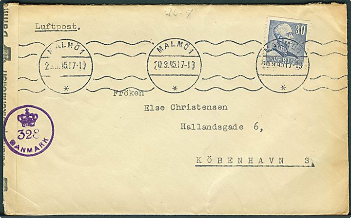 30 öre Gustaf på luftpostbrev fra Malmö d. 20.9.1945 til København, Danmark. Dansk efterkrigscensur (krone)/328/Danmark.