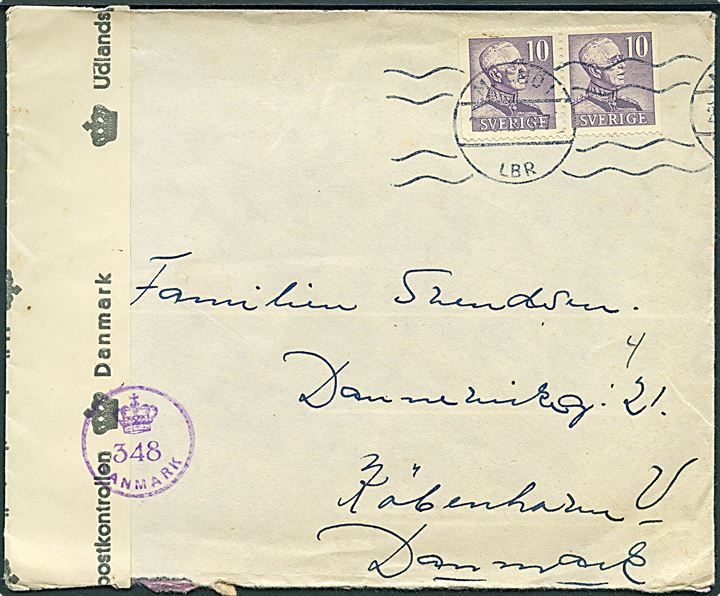 10 öre Gustaf i parstykke på brev fra Malmö d. 2x.8.1945 til København, Danmark. Dansk efterkrigscensur (krone)/348/Danmark.