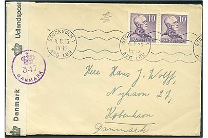 10 öre Gustaf i parstykke på brev fra Stockholm d. 4.8.1945 til København, Danmark. Dansk efterkrigscensur (krone)/347/Danmark.