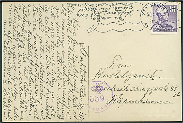 10 öre Gustaf på brevkort fra Stockholm d. 30.9.1945 til København, Danmark. Dansk efterkrigscensur (krone)/339/Danmark.