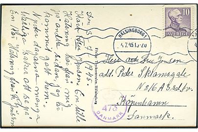 10 öre Gustaf på brevkort fra Hälsingborg d. 4.7.1945 til København, Danmark. Dansk efterkrigscensur (krone)/473/Danmark.