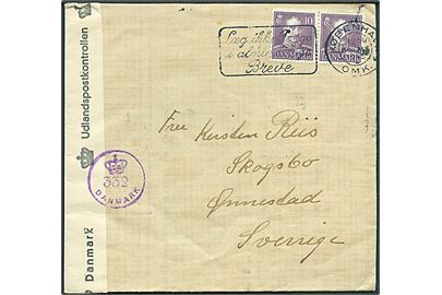 10 øre Chr. X i parstykke på brev fra København d. 6.8.1945 til Skogsbo, Sverige. Dansk efterkrigscensur (krone)/332/Danmark.