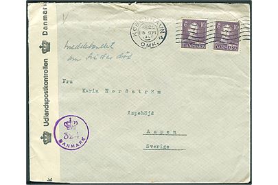 10 øre Chr. X (2) på brev fra København d. 15.9.1945 til Aspen, Sverige. Dansk efterkrigscensur (krone)/324/Danmark.