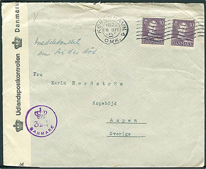 10 øre Chr. X (2) på brev fra København d. 15.9.1945 til Aspen, Sverige. Dansk efterkrigscensur (krone)/324/Danmark.