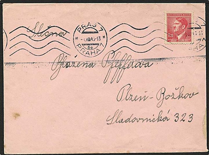 1,20 K. Hitler Böhmen-Mähren udg. single på brev fra Prag d. 4.8.1943 til Plzen. På bagsiden militær afs.: Res. Lazaret I