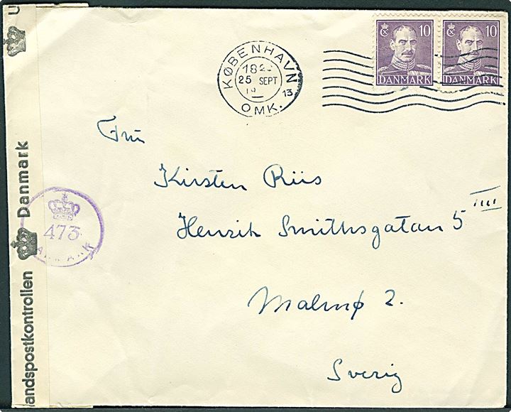 10 øre Chr. X i parstykke på brev fra København d. 25.9.1945 til Malmö, Sverige. Dansk efterkrigscensur (krone)/473/Danmark.
