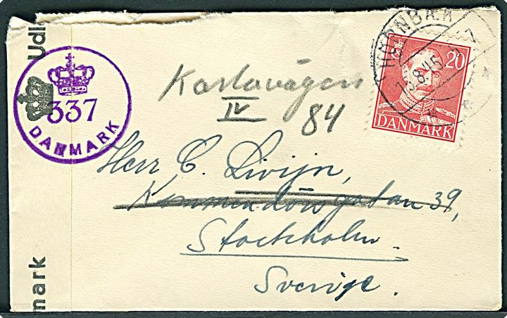 20 øre Chr. X på lille brev fra Hornbæk d. 15.8.1945 til Stockholm, Sverige - eftersendt. Dansk efterkrigscensur (krone)/337/Danmark.
