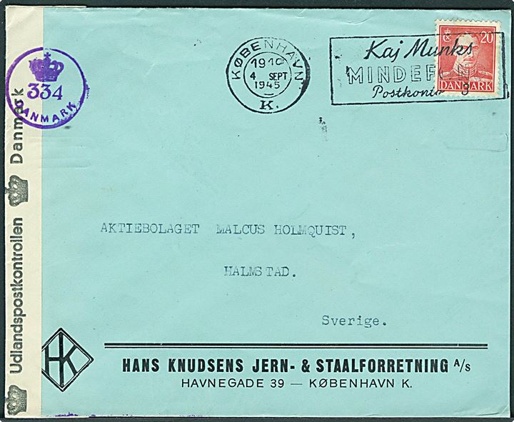 20 øre Chr. X på brev fra København d. 4.9.1945 til Halmstad, Sverige. Dansk efterkrigscensur (krone)/334/Dnmark.