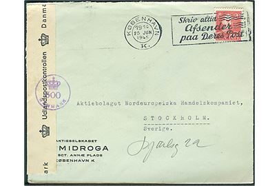 20 øre Chr. X på brev fra København d. 26.6.1945 til Stockholm, Sverige. Dansk efterkrigscensur (krone)/300/Danmark.
