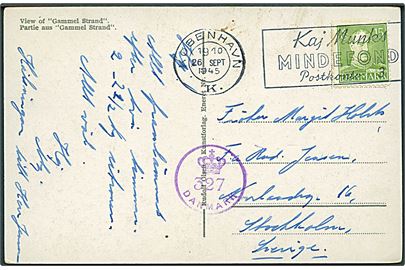 15 øre Chr. X på brevkort fra København d. 26.9.1945 til Stockholm, Sverige. Dansk efterkrigscensur (krone)/327/Danmark.