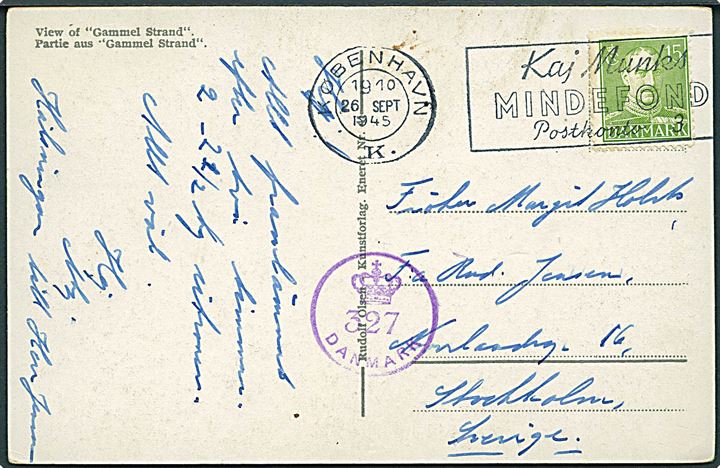 15 øre Chr. X på brevkort fra København d. 26.9.1945 til Stockholm, Sverige. Dansk efterkrigscensur (krone)/327/Danmark.