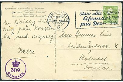 15 øre Chr. X på brevkort fra København d. 28.8.1945 til Mälndal, Sverige. Dansk efterkrigscensur (krone)/309/Danmark.