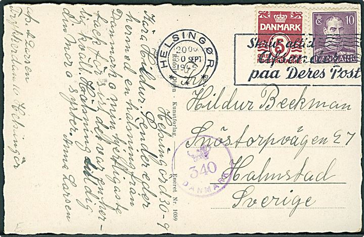 5 øre Bølgelinie og 10 øre Chr. X på brevkort fra Helsingør d. 30.9.1945 til Halmstad, Sverige. Dansk efterkrigscensur (krone)/340/Danmark.