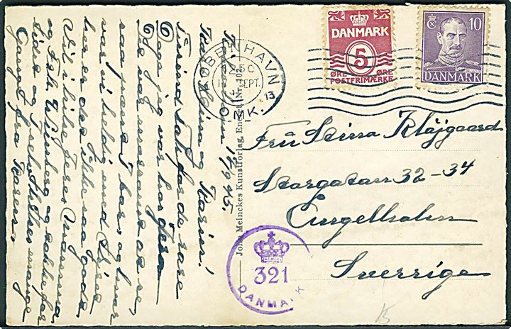 5 øre Bølgelinie og 10 øre Chr. X på brevkort fra København d. 17.9.1945 til Ängelholm, Sverige. Dansk efterkrigscensur (krone)/321/Danmark.