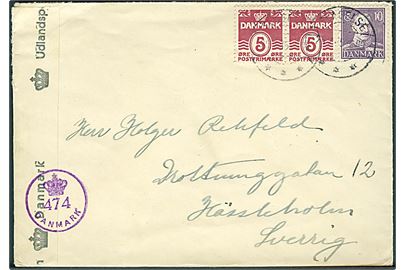 5 øre Bølgelinie i parstykke og 10 øre Chr. X på brev fra Slagelse d. 26.7.1945 til Hässleholm, Sverige.