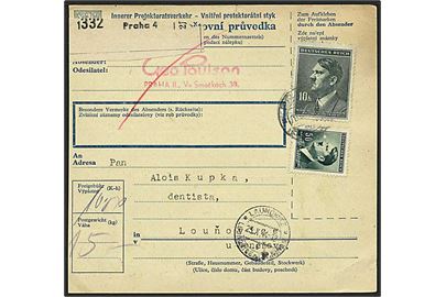 50 h. og 10 K. Hitler Böhmen-Mähren udg. på adressekort for pakke fra Prag d. 20.10.1944 til Lounovice.