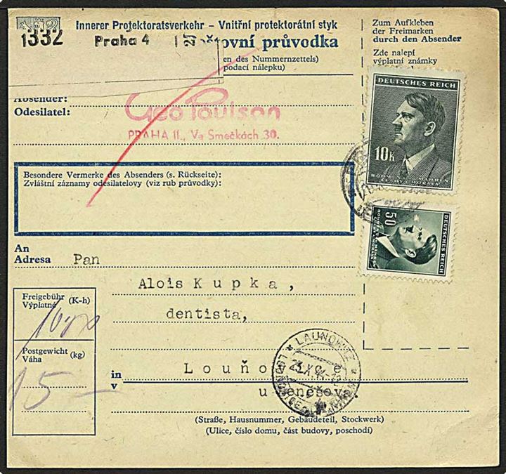 50 h. og 10 K. Hitler Böhmen-Mähren udg. på adressekort for pakke fra Prag d. 20.10.1944 til Lounovice.