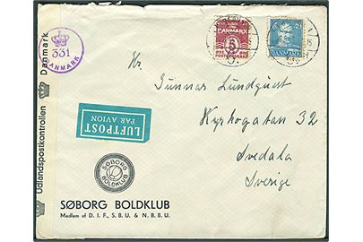 5 øre Bølgelinie og 40 øre Chr. X på luftpostbrev fra København d. 17.8.1945 til Svedala, Sverige. Dansk efterkrigscensur (krone)/331/Danmark.