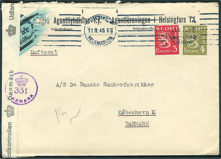3 mk. og 4 mk. Løve på luftpostbrev fra Helsinki d. 11.9.1945 til København, Danmark. Dansk efterkrigscensur (krone)/331/Danmark.