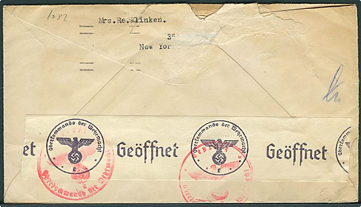 30 cents Winged Globe på luftpostbrev fra New York d. 2.4.1941 til København, Danmark. Påskrevet pr. Dixie Clipper. Åbnet af tysk censur i Frankfurt.