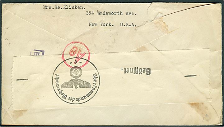 30 cents Winged Globe på luftpostbrev fra New York d. 18.4.1941 til København, Danmark. Påskrevet pr. Dixie Clipper. Åbnet af tysk censur i Frankfurt.