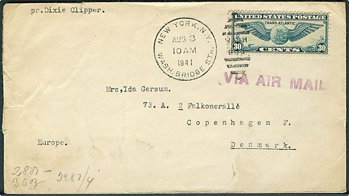 30 cents Winged Globe på luftpostbrev fra New York d. 8.8.1941 til København, Danmark. Påskrevet pr. Dixie Clipper. Åbnet af tysk censur i Frankfurt.