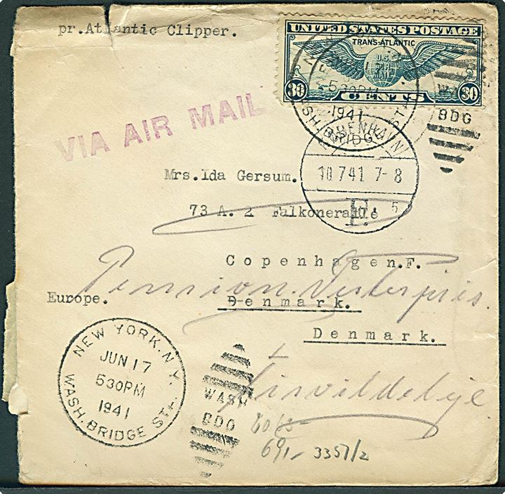 30 cents Winged Globe på luftpostbrev fra New York d. 17.6.1941 til København, Danmark - eftersendt til Tisvildeleje d. 10.7.1941. Påskrevet pr. Atlantic Clipper. Åbnet af tysk censur i Frankfurt.
