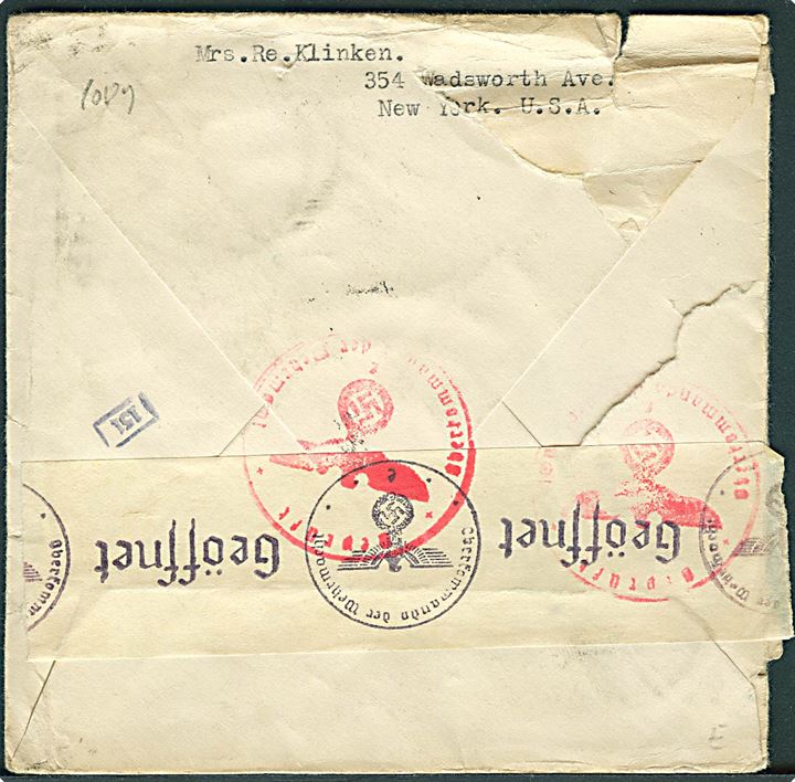 30 cents Winged Globe på luftpostbrev fra New York d. 17.6.1941 til København, Danmark - eftersendt til Tisvildeleje d. 10.7.1941. Påskrevet pr. Atlantic Clipper. Åbnet af tysk censur i Frankfurt.
