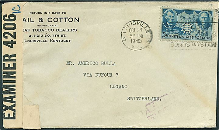5 cents på overfladebrev fra Louisville d. 26.10.1942 til Lugano, Schweiz. Åbnet af britisk censur på Bermuda PC90/4206 med påskrevet IC og svagt stempel:  Return to Sender No Service Available .